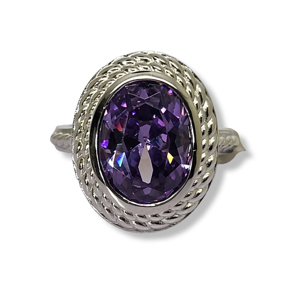 JTV New Silver Tone Oval Purple Stone Bezel Set Stone Ring Size 9